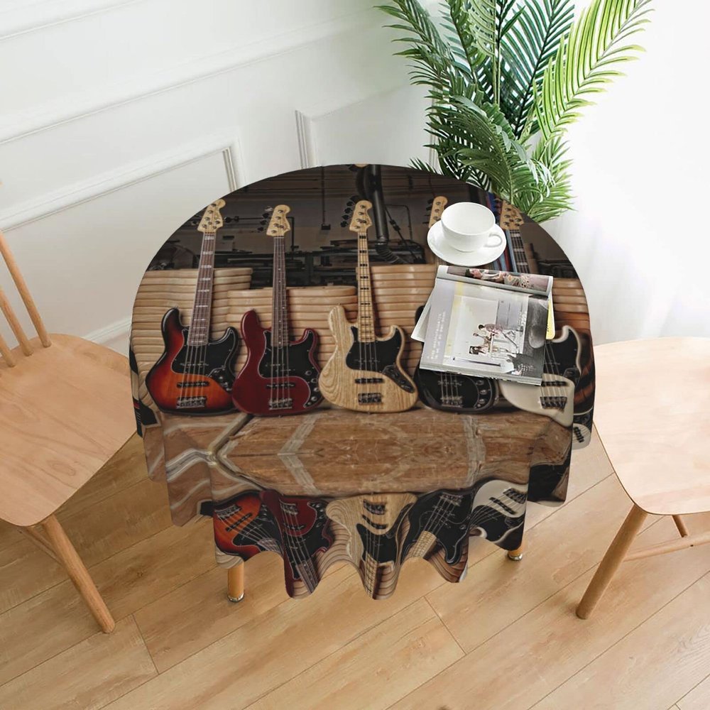 SUROLA Guitar Bass Music Musical Instruments Round Tablecloth 60 Inch Washable Print Polyester Oil-Proof, Dust-Proof Waterproof Decorations Tablecloth