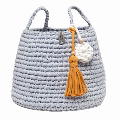 Crocheted Cotton Storage Basket for Towels, Blanket, Toys, Clothes, Gift, Laundry Basket Organizer - 11" D9" H (Grey)