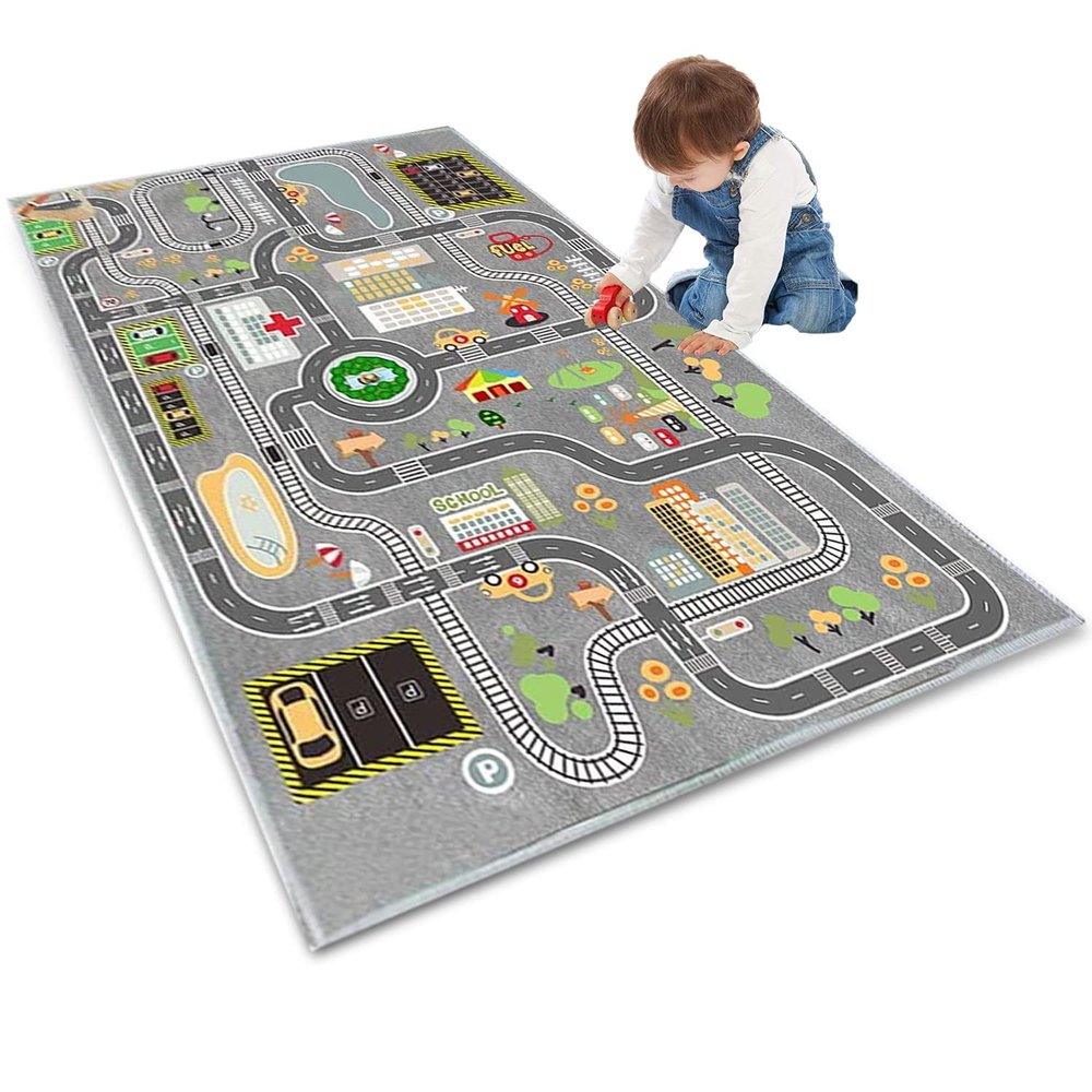 Kids Rug Play Mat Great for Playing with Cars and Toys,Educational Kid Road and Traffic City Life Carpet,Children Baby Fun Throw Rug for Bedroom Play Room,71X106Inch/180X280CM