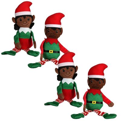 Christmas House Plush Elves, (Set of 4) Deep Skin Tone, 14.5x4 inches, Green, Red, White