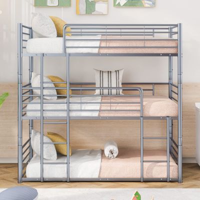 Anwick Metal Twin Size Triple Bunk Bed, Twin Over Twin Over Twin Triple Bed Frame with Built-in Ladder and Guardrails for Kids, Teens, Boys, Girls (Gray)