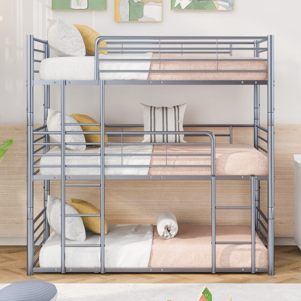 Anwick Metal Twin Size Triple Bunk Bed, Twin Over Twin Over Twin Triple Bed Frame with Built-in Ladder and Guardrails for Kids, Teens, Boys, Girls (Gray)