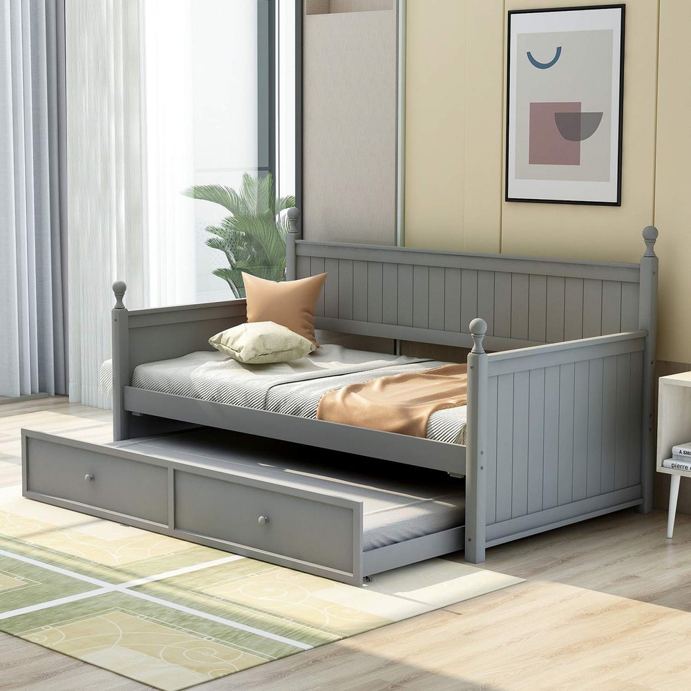 Anwick Twin Size Daybed with Trundle Bed, Wooden Day Bed Frames, Sofa Bed for Living Room Bedroom, Twin Platform Bed for Kids Guests, No Box Spring Needed (Bright Grey)