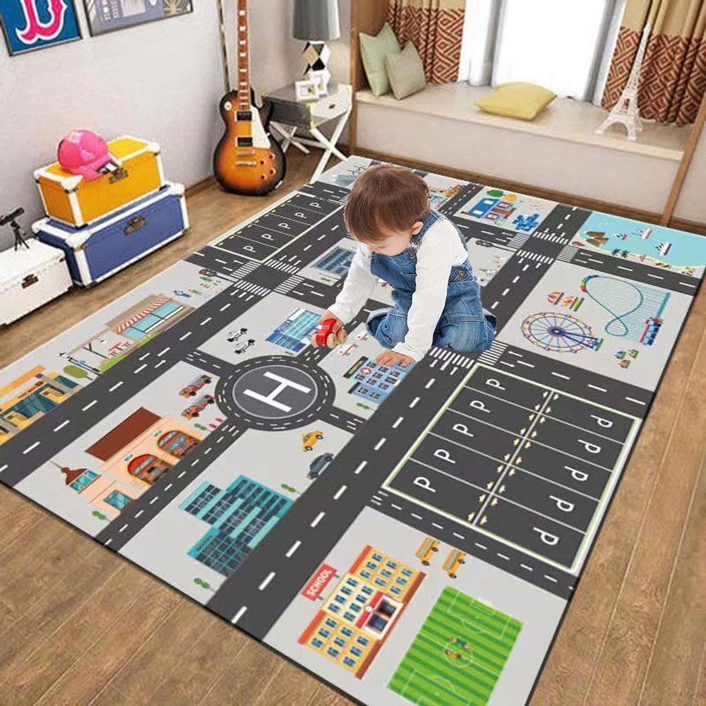 Kids Rug Play Mat Great for Playing with Cars and Toys,Educational Kid Road and Traffic City Life Carpet,Children Baby Fun Throw Rug for Bedroom Play Room,71X106Inch/180X280CM