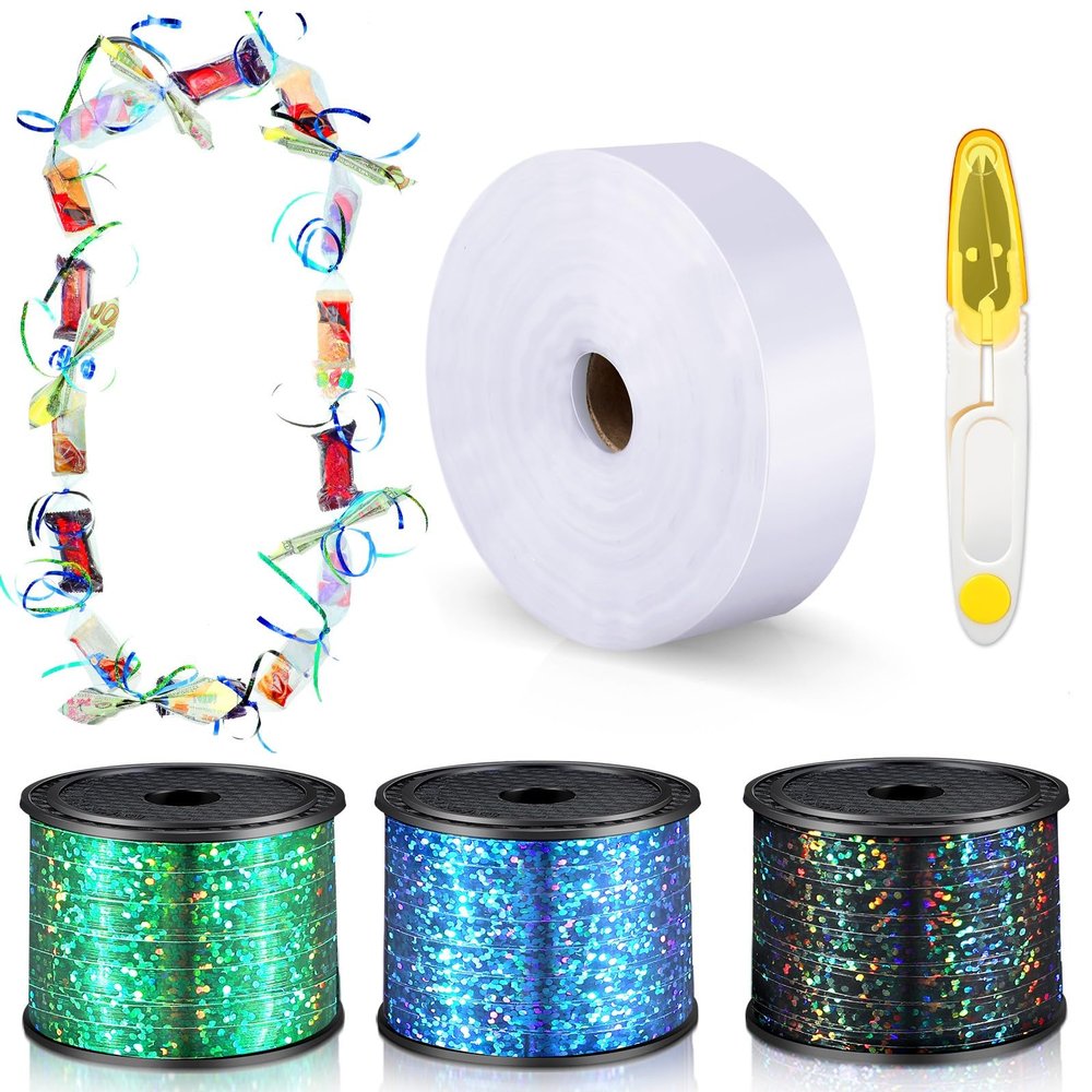 Berlune Candy Lei Making Kit for Graduation Party Favor Include 2 in x 1000 ft Poly Tubing 3 Rolls Curling Gift Ribbon 300 Yd/ 900 ft and Scissor for Hawaii Tropical Wedding DIY(Black, Green, Blue)