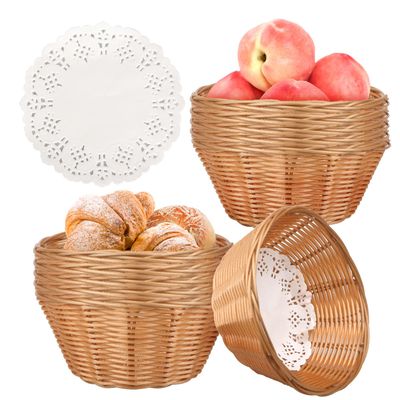 12 Pcs Round Small Plastic Bread Basket, Wicker Basket for Serving 7x7x3 Inch Woven Food Storage Basket, Fruit Basket, Gift Basket (Comes with Food Blotting Sheets) Brown