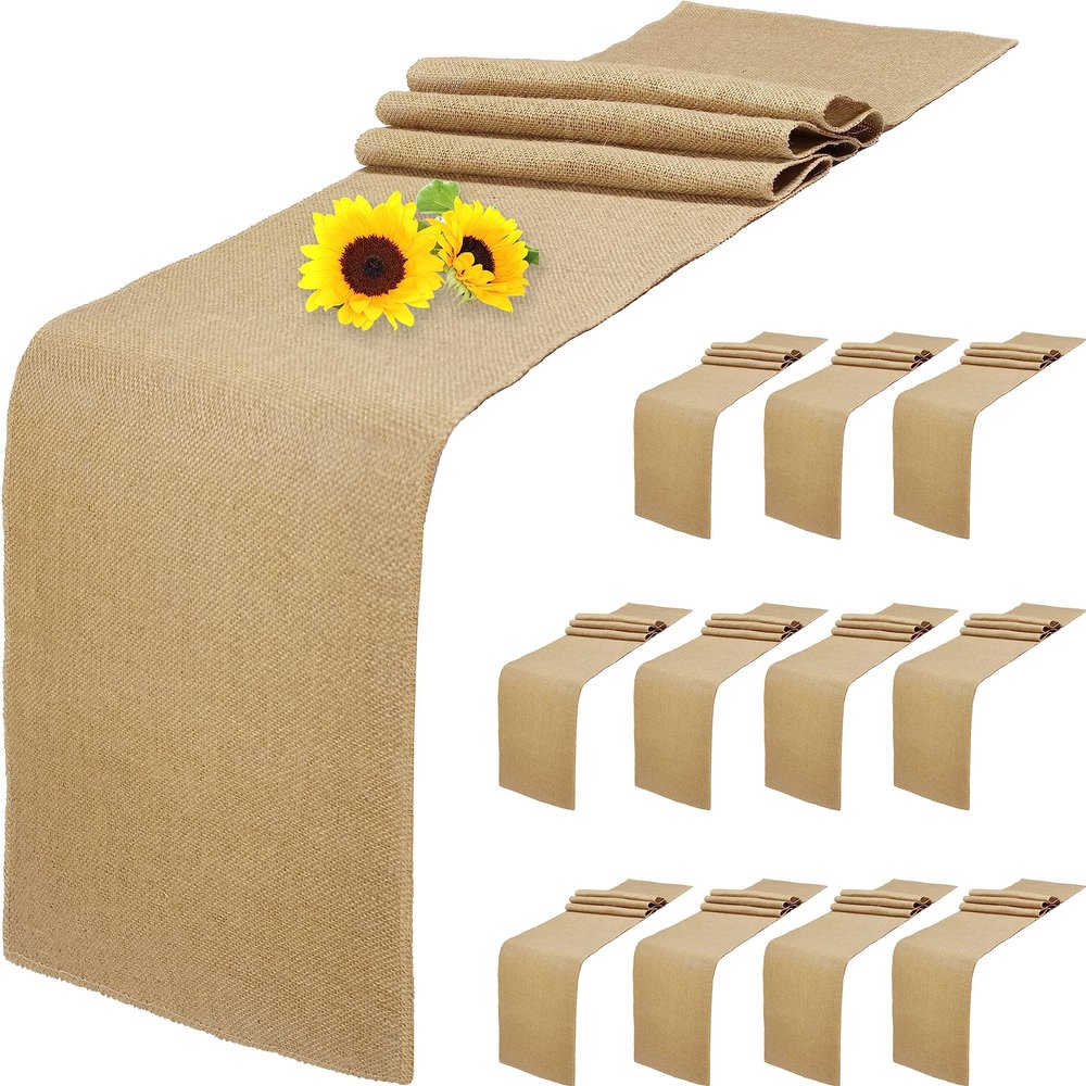 12 Pack Natural Burlap Table Runners,12 x 72 Inch Rustic Jute Table Runner and Placemats Bulk for Western Wedding Table Decorations,Farmhouse Style Party,Holiday,Kitchen Coffee Table Decor Cover