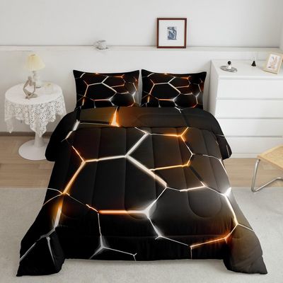 Feelyou Honeycomb Bedding Set Hexagonal Black Orange Comforter Set for Kids Boys Girls Geometrical Beehive Comforter Soft Decor Simplistic Duvet Set Full Size with 2 Pillow Case Boys