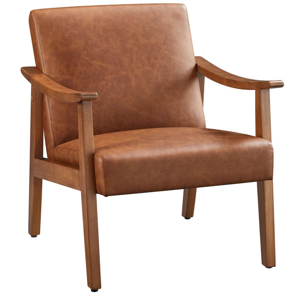 Yaheetech PU Leather Accent Chair, Mid-Century Modern Armchair with Solid Wood Legs, Reading Leisure Chair with High Back for Living Room Bedroom Waiting Room, Light Brown