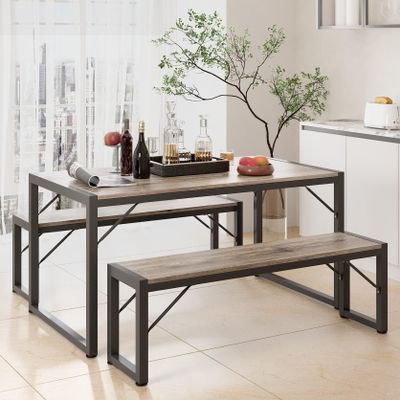 Gizoon 45.5" Dining Table Set for 4 with 2 Benches, Kitchen Table Set with Metal Frame & MDF Board, Space-Saving Dinette for Kitchen, Dining Room -Grey