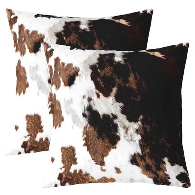 Cow Fur Printed Throw Pillow Covers 16"x16" Set of 2 Cowhide Pillow Cases Cushion Covers for Living Room Bedroom Farmhouse Western Farm Animal Skin Decorative Throw Pillowcases for Sofa Couch Chair
