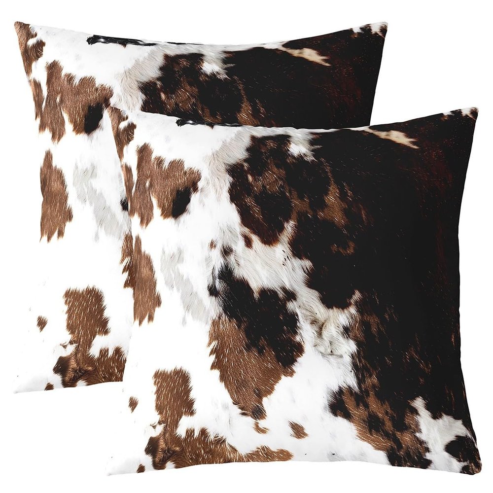 Cow Fur Printed Throw Pillow Covers 16"x16" Set of 2 Cowhide Pillow Cases Cushion Covers for Living Room Bedroom Farmhouse Western Farm Animal Skin Decorative Throw Pillowcases for Sofa Couch Chair
