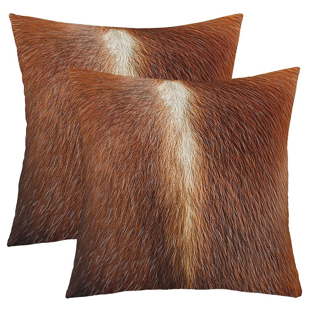 Cowhide Throw Pillow Covers 16"x16" Set of 2 Soft Cow Fur Printed Pillow Cases Cushion Covers for Living Room Bedroom Western Farm Animal Skin Brown Decorative Throw Pillowcases for Sofa Couch Chair