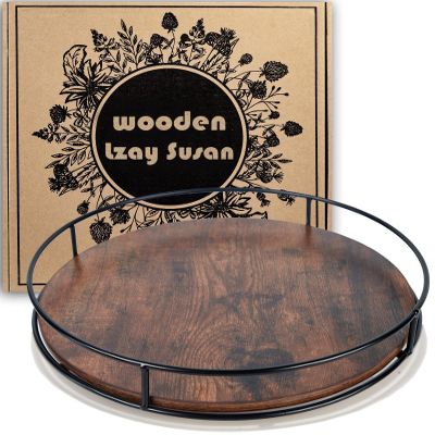 10 Inch Wood Lazy Susan, Rustic Brown Turntable Organizer with Steel Frame, 360 Degree Decorative Turntable for Countertop or Centerpieces