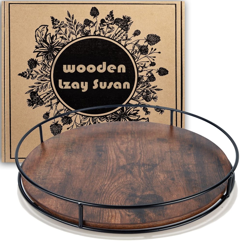 12 Inch Wood Lazy Susan, Rustic Brown Turntable Organizer with Steel Frame, 360 Degree Decorative Turntable for Countertop or Centerpieces