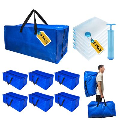 12 Pack Heavy Duty Extra Large Moving Bags with Backpack Straps & Large Vacuum Storage Bags Moving Supply Combo, Moving Totes with Handles & Zippers for Space Saving, Fold Flat, Includes Vacuum Bags
