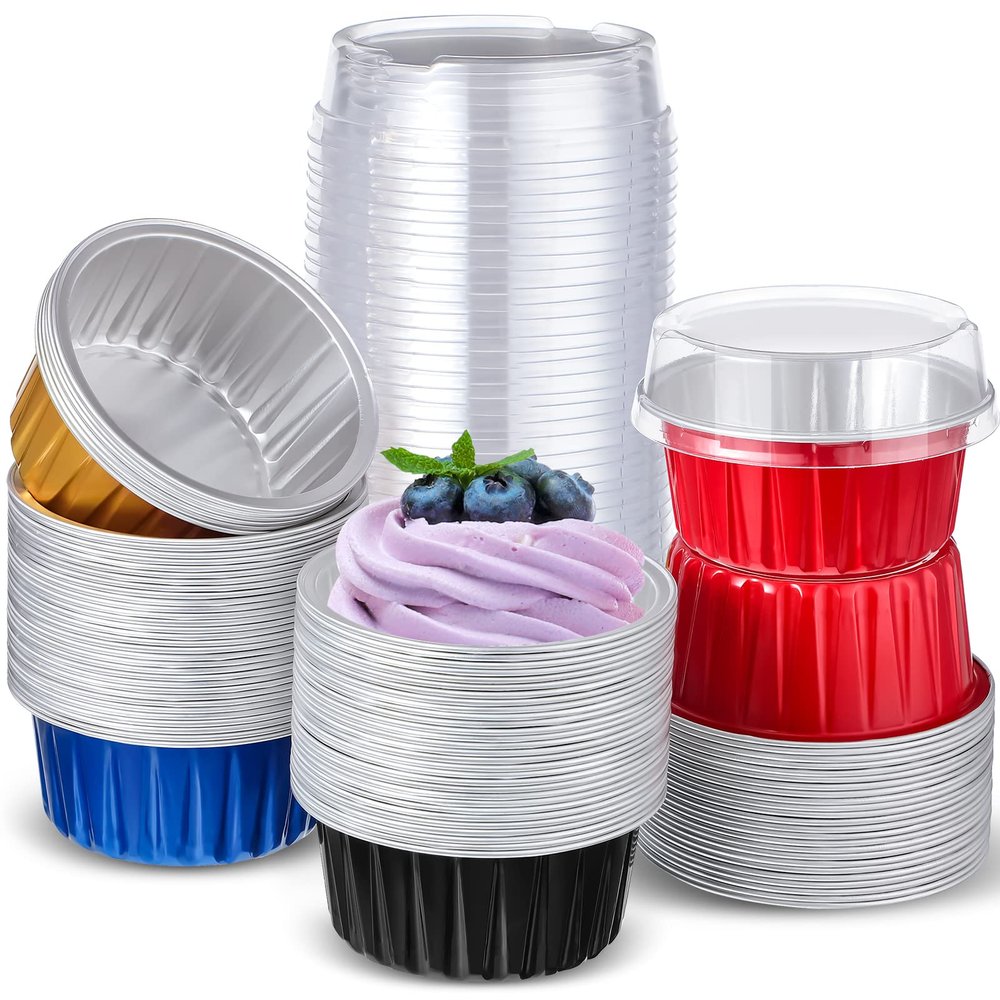 200 Pcs Aluminum Foil Cupcake Baking Cups 4.2 oz Disposable Ramekins Cupcake Liners Dessert Cups with Lids Mini Cake Pans Holders Mini Cheesecake Container for Party(Bright Colors)