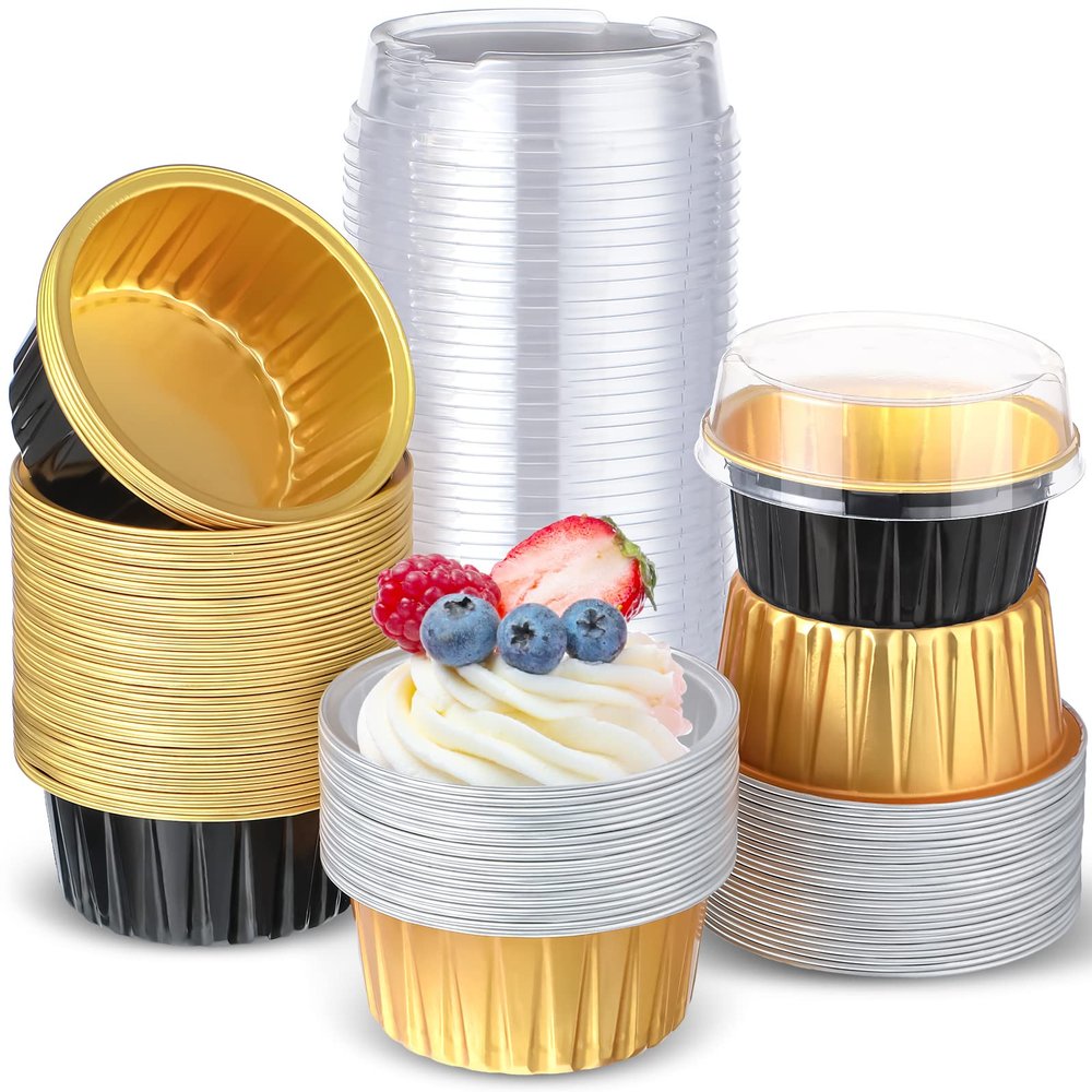 200 Pcs Aluminum Foil Cupcake Baking Cups 4.2 oz Disposable Ramekins Cupcake Liners Dessert Cups with Lids Mini Cake Pans Holders Mini Cheesecake Container for Party(Black, Gold)
