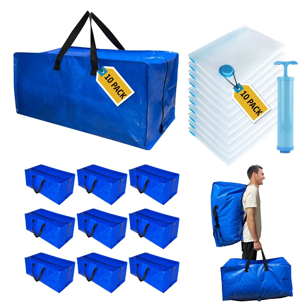 20 Pack Heavy Duty Extra Large Moving Bags with Backpack Straps & Vacuum Storage Bags, Moving Totes with Handles for Space Saving, Christmas Storage Bags for Wreaths, Garlands, Decoration & Ornaments