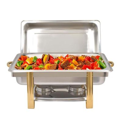 9.5QT Chafing Dish Stainless Steel Chafer Complete Set, Rectangular Chafing Dish Buffet Set Catering Warmer Set with Food and Water Trays Lid Folding Frame Stand, Golden Handle