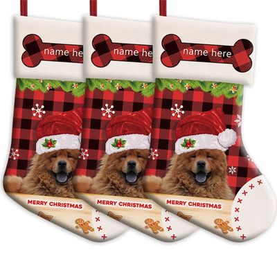 MALIHONG Personalized 3 Pack Dog Merry Christmas Stocking Red Buffalo Plaid Check Dog Chowchow with Santa Hat Snowflake Xmas Candy Bag Home Decor 14.4"
