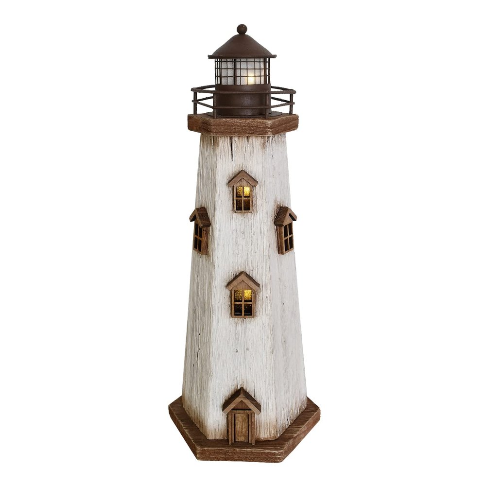 Aecipl Wooden Lighthouse with Lights Nautical Tabletop Figurine Beach Themed Ornaments - Lighted Tower Light Wood Home Dcor Party Decoration