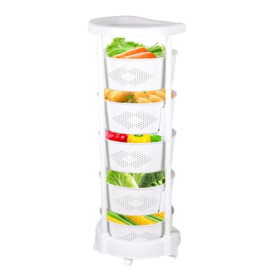 VPABES 5 Tier Rotating Storage Rack for Kitchen, Fruit Vegetable Storage Basket with Wheels and Top Lid Kitchen Storage Rack Rolling Storage Cart, Rotatable Baskets