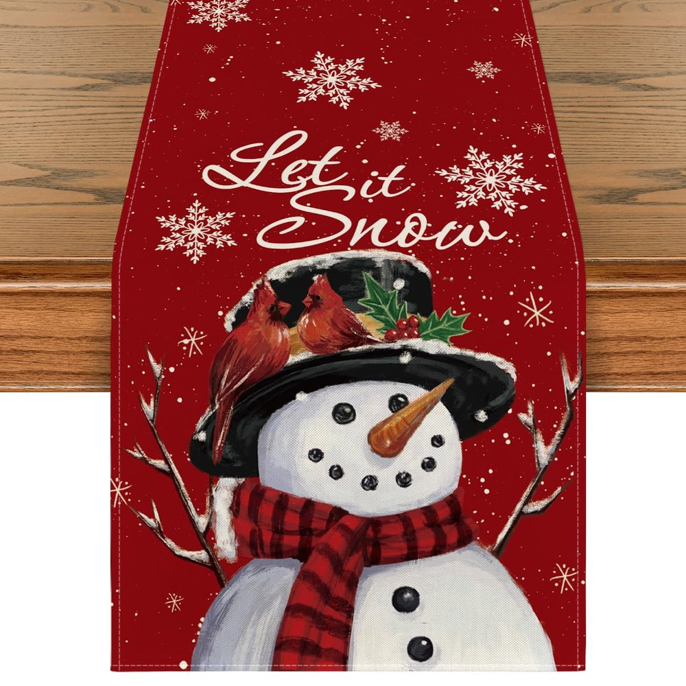 Artoid Mode Burgundy Snowman Let It Snow Winter Table Runner, Seasonal Christmas Kitchen Dining Table Decoration for Home Party Indoor 13x108 Inch