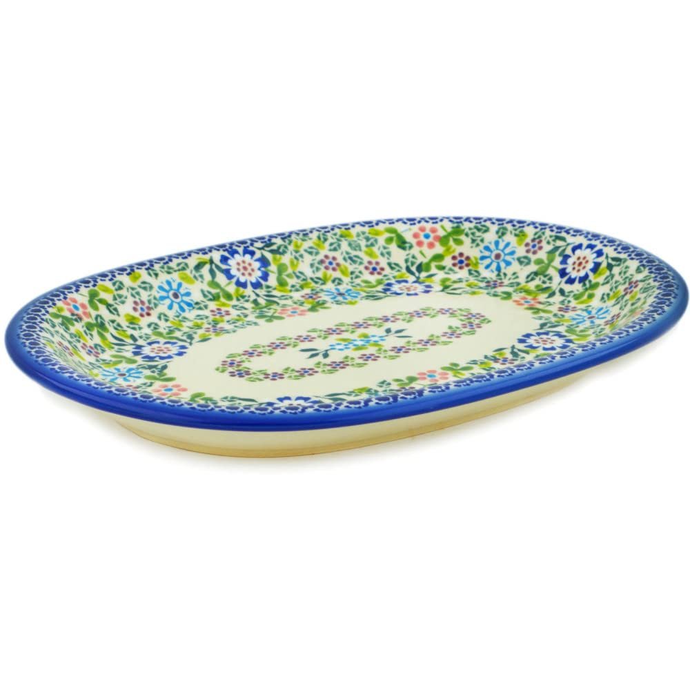 Polmedia Polish Pottery Platter 11-inch UNIKAT - Playground Meadow Pattern Handmade in Boleslawiec Poland + Certificate of Authenticity