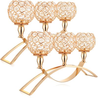 2 Pieces 3 Arms Crystal Candle Holders 3-Candle Candelabras Crystal Candelabra Stand for Table Centerpiece Dining Home Decor Wedding Party(Gold)