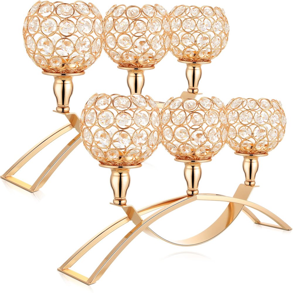 2 Pieces 3 Arms Crystal Candle Holders 3-Candle Candelabras Crystal Candelabra Stand for Table Centerpiece Dining Home Decor Wedding Party(Gold)