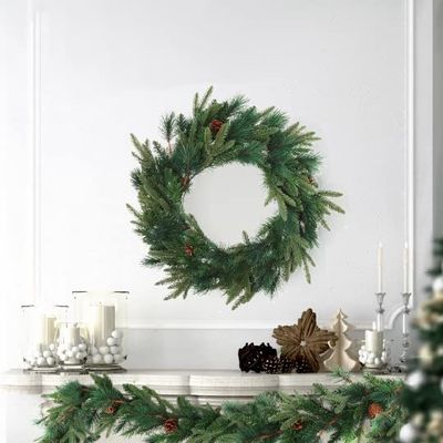 24-Inch Angel Pine Christmas Wreath with Cones  Artificial Holiday Decoration for Doors, Walls & Mantels
