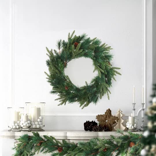 24-Inch Angel Pine Christmas Wreath with Cones  Artificial Holiday Decoration for Doors, Walls & Mantels