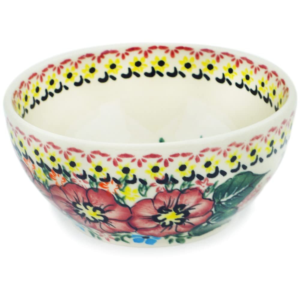 Polmedia Polish Pottery Bowl 5-inch UNIKAT - Still Meadow Pattern Handmade in Boleslawiec Poland by Ceramika Bona + Certificate of Authenticity