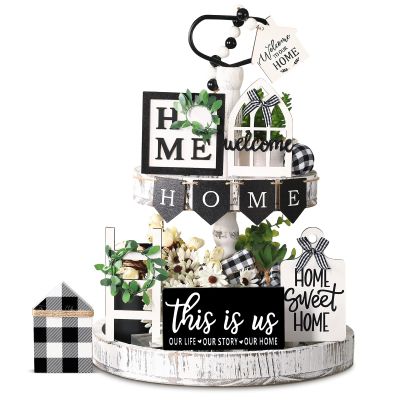 Two Tiered Tray with 11 Pcs Wooden Signs, Farmhouse Tiered Tray Decor Set Rustic Wood Home Kitchen Table Stand Decor Decorative Table Shelf Centerpiece(Plaid Style)
