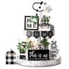 Two Tiered Tray with 11 Pcs Wooden Signs, Farmhouse Tiered Tray Decor Set Rustic Wood Home Kitchen Table Stand Decor Decorative Table Shelf Centerpiece(Plaid Style) view 1