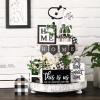 Two Tiered Tray with 11 Pcs Wooden Signs, Farmhouse Tiered Tray Decor Set Rustic Wood Home Kitchen Table Stand Decor Decorative Table Shelf Centerpiece(Plaid Style) view 2