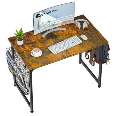 ASTARTH Study Computer Desk-47 Inch Home Office Desk, Wood Storage Table, Modern Writing Style Laptop Table, Black Metal Frame, PC Table with Storage Basket and Headphone Hooks, Rustic Brown