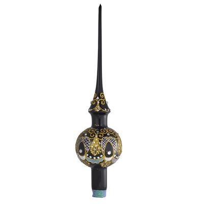 Glossy Black Hand-Blown Glass Christmas Tree Topper  12.4" European Finial Ornament. Made in Ukraine