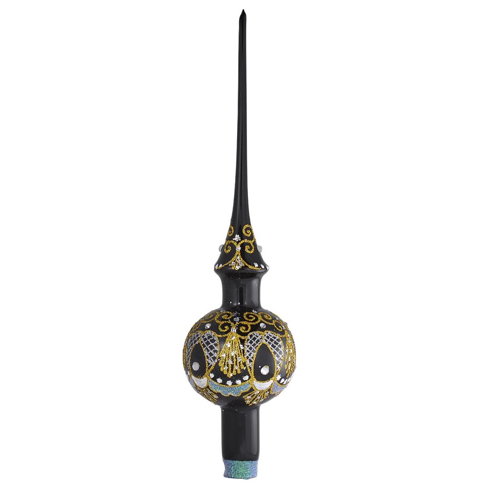 Glossy Black Hand-Blown Glass Christmas Tree Topper  12.4" European Finial Ornament. Made in Ukraine