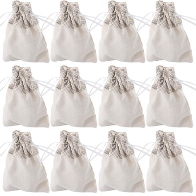 Fun Express Mini Neutral Plaid Canvas Drawstring Treat Bags - 12 Pieces