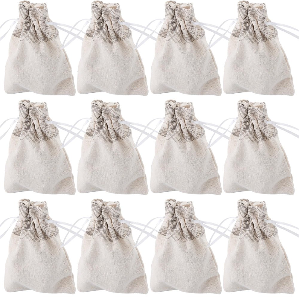 Fun Express Mini Neutral Plaid Canvas Drawstring Treat Bags - 12 Pieces
