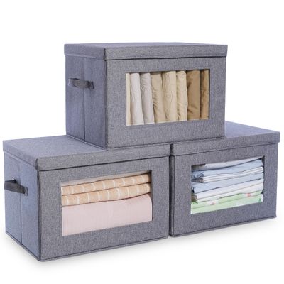 Anywish 3-Pack Collapsible Storage Bins with Lids, Linen Fabric Foldable Storage Boxes, Cube Closet Organization for Clothes, Blankets, Books, Gray