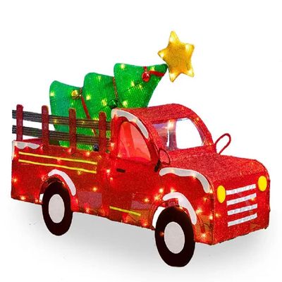 33 Inch Wide - Light-Up Tinsel Truck with Holiday Tree - 105 Clear Lights - Pre-Lit