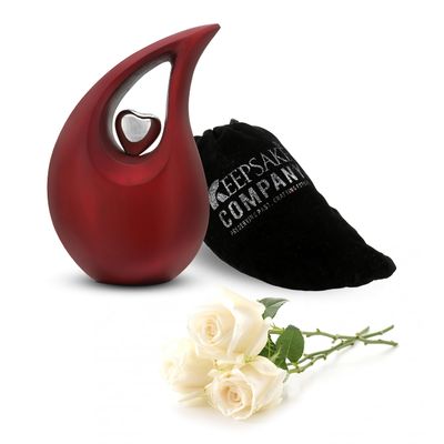 KEEPSAKE COMPANY White Teardrop Small Urns for Human Ashes/Mini Urn with Sky Blue Heart/Cremation Keepsakes for Ashes/Ash Holders (Red - Silver, Small - S (15 Cu in))