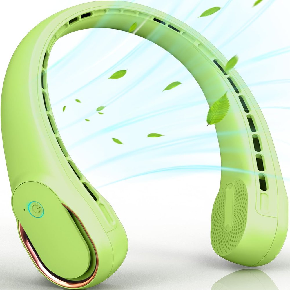 FrSara Bladeless Portable Neck Fan, 5200mAh, 3-Speed, 360 Surround Wind, Ultra-Quiet, USB Rechargeable, Wearable Portable Fan, Avocado Green