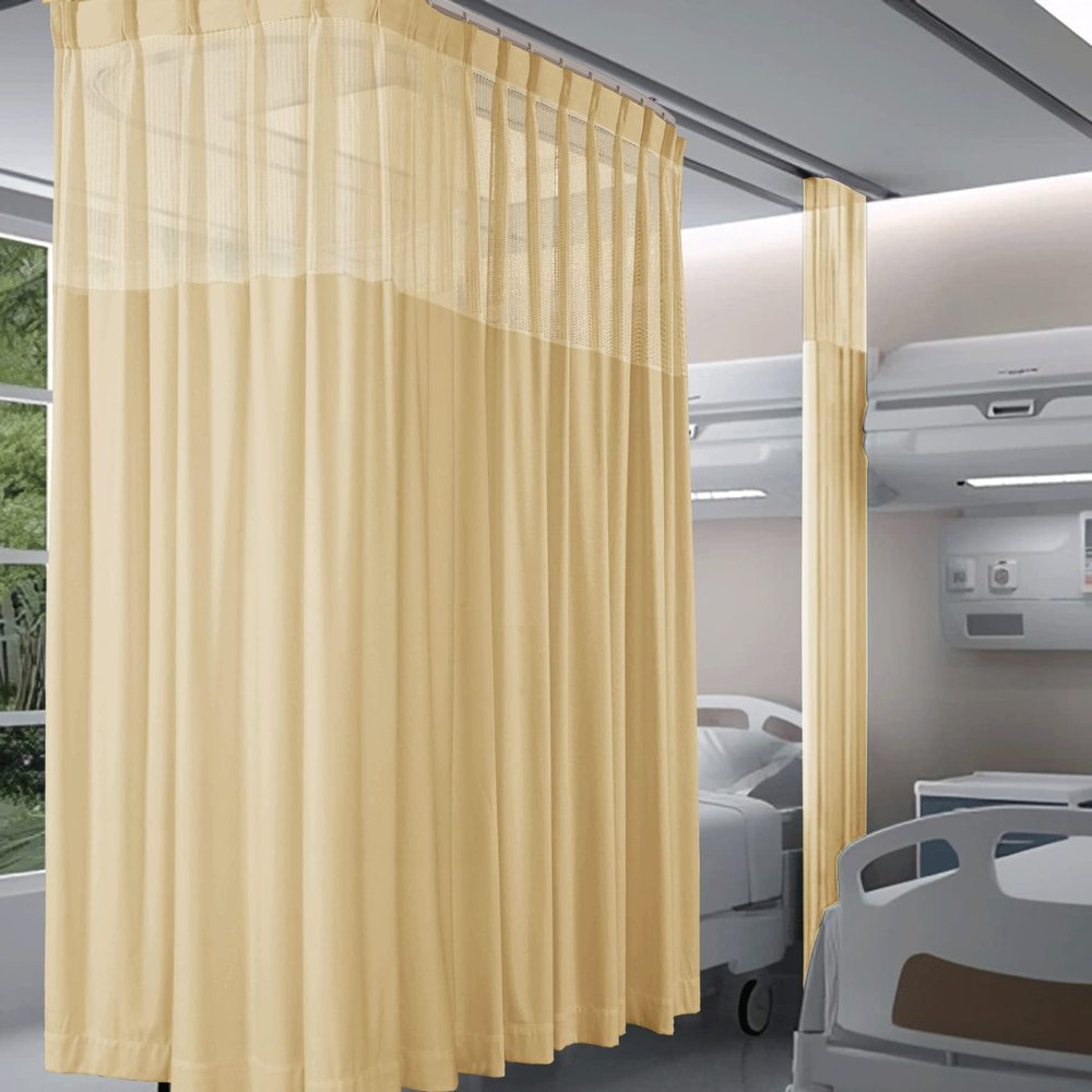 Fcosie 12ft Wide x 7ft Long Bean Pinch Pleat Hospital Privacy Curtains for Room Divider/Partitions - Extra Wide Medical Divider Curtains with Mesh Top - Beauty Salon Lab SPA Cubicle Curtain, 1 PC