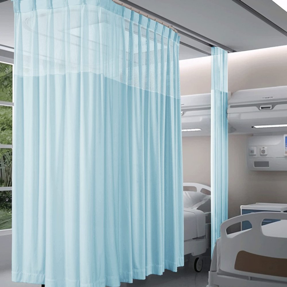 Fcosie 12ft W x 7ft L Light Blue Pinch Pleat Hospital Privacy Curtains for Room Divider/Partitions - Extra Wide Medical Divider Curtains with Mesh Top - Beauty Salon Lab SPA Cubicle Curtain, 1 PC