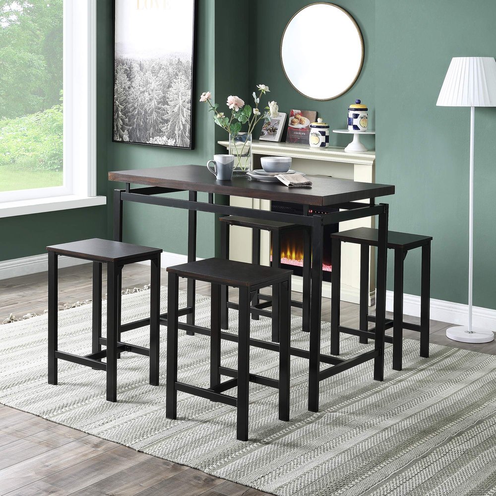 5 Piece Bar Table Set, Modern Counter Height Dining Table and Chairs Set for 4, Wood Kitchen Table and 4 Bar Stools for Small Spaces, Apartment, Pub, Dining Room (Espresso)