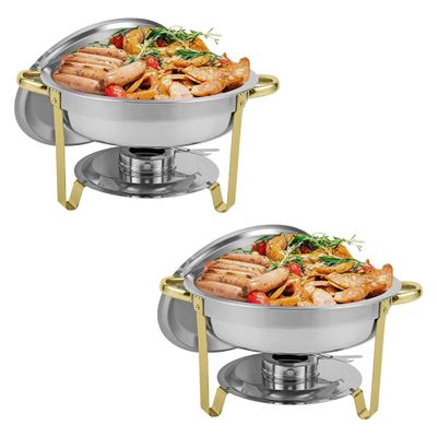 YIEOTM Round Chafing Dishes Full Size Stainless Steel Chafers and Buffet Warmers Sets with Water Pan, Food Pan, Fuel Holder and Lid / 2 Packs